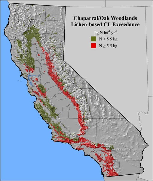 California Chaparral & Oak Lichen CL Exceedance map