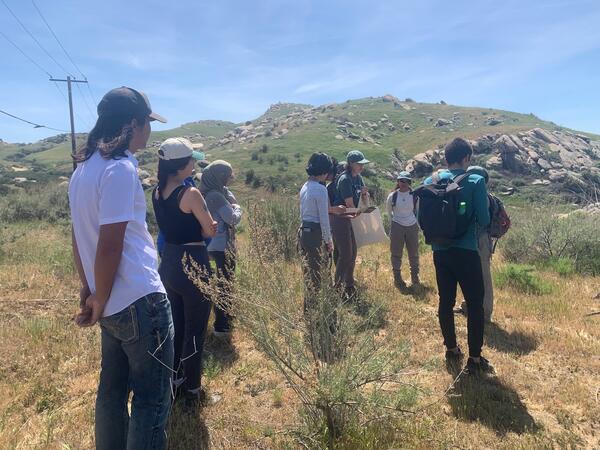 A group of students listen to an outdoor workshop