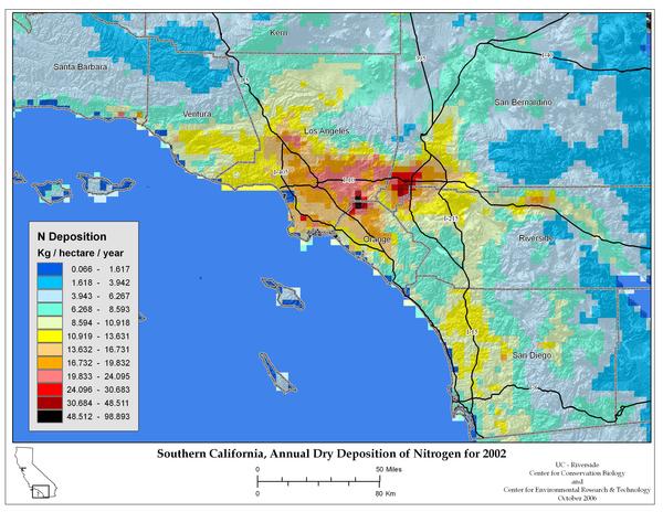 Annual Dry Deposition Nitrogen deposition map for Southern California in 2002