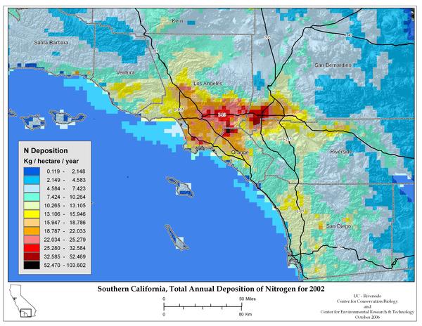 Total Annual Deposition Nitrogen deposition map for Southern California in 2002.