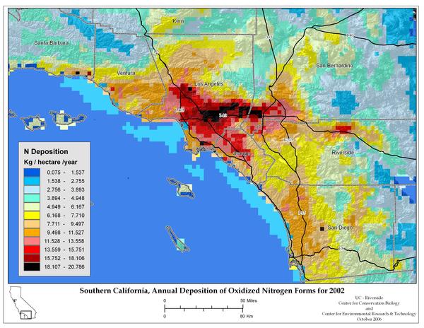 Annual Deposition of Oxidized Forms Nitrogen deposition map for Southern California in 2002.