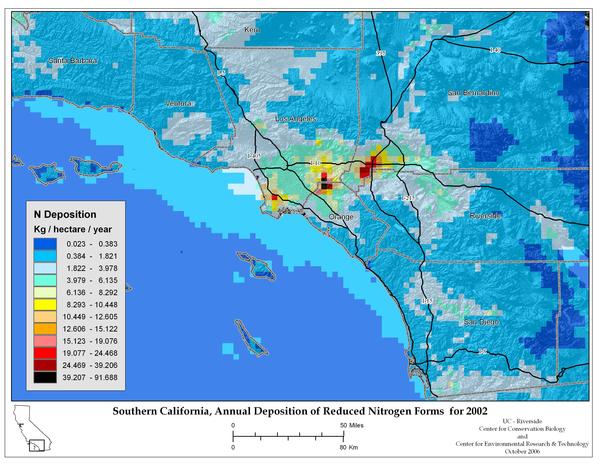 Annual Deposition of Reduced Forms Nitrogen deposition map for Southern California in 2002