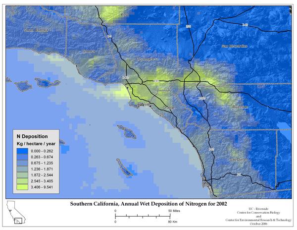 Annual Wet Deposition Nitrogen deposition map for Southern California in 2002.